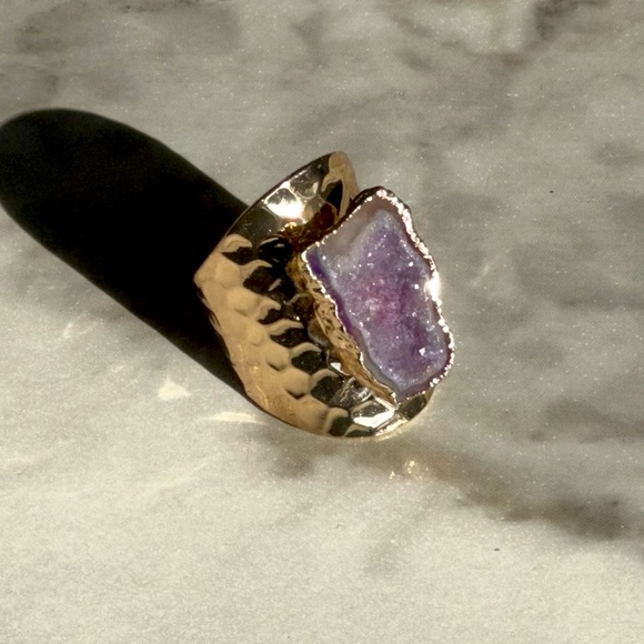NEW Luxury Natural Stone Adjustable Crystal Irregular Geode Gold-plated Ring - Picture 8 of 9